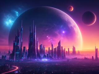 Futuristic city in night lights with galaxy planets in sky, fantasy realistic background. Sunset in futuristic megapolis with space moon on the horizon