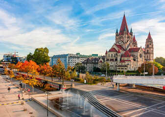 Fototapeta na wymiar St. Francis of Assisi church and Danube river embankment in autumn, Vienna, Austria