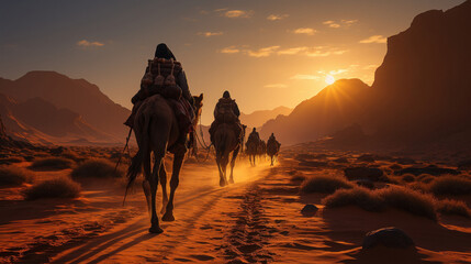 caravan of camels walking in desert. - obrazy, fototapety, plakaty