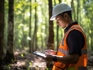Asian forestry technician wearing protective helmet writing notes in forest to study renewable energy technology and sustainability - obrazy, fototapety, plakaty