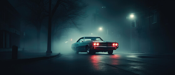 Fototapeta na wymiar Retro car on night street. Neon color.
