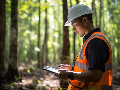 Asian forestry technician wearing protective helmet writing notes in forest to study renewable energy technology and sustainability