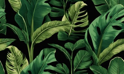 Tropical exotic seamless pattern with green vintage banana leaves, palm and colocasia. Hand-drawn 3D illustration. Good for production wallpapers, cloth, fabric printing, Generative AI - obrazy, fototapety, plakaty