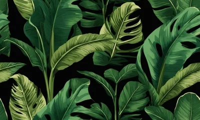 Foto op Aluminium Tropical exotic seamless pattern with green vintage banana leaves, palm and colocasia. Hand-drawn 3D illustration. Good for production wallpapers, cloth, fabric printing, Generative AI © Coconut Design