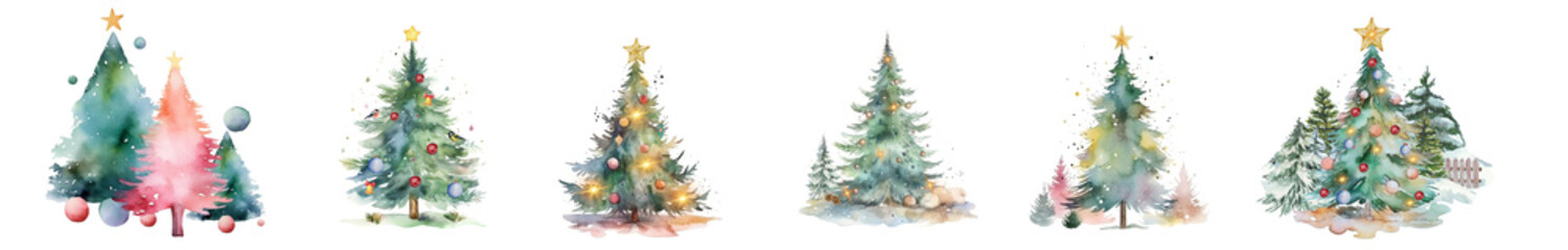 Watercolor Christmas tree set. Hand-drawn illustration. Vector. Generative AI.