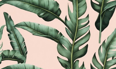 Pastel color banana leaves, palms. Tropical seamless pattern. Hand-painted vintage 3D illustration. Bright glamorous floral background design. Luxury wallpaper, cloth, fabric printing, Generative AI - obrazy, fototapety, plakaty
