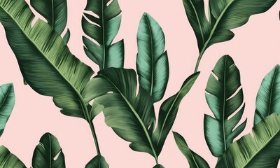 Pastel color banana leaves, palms. Tropical seamless pattern. Hand-painted vintage 3D illustration. Bright glamorous floral background design. Luxury wallpaper, cloth, fabric printing, Generative AI
