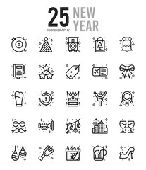 25 New Year Outline icons Pack vector illustration.