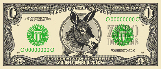 Obverse of a fictitious paper banknote with a denomination of zero dollars. Vintage US money with security elements and guilloche mesh. Cash with nothing value. Donkey