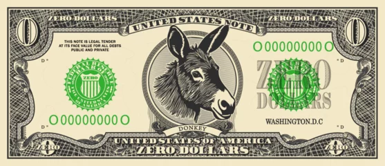 Fotobehang Obverse of a fictitious paper banknote with a denomination of zero dollars. Vintage US money with security elements and guilloche mesh. Cash with nothing value. Donkey © GAlexS