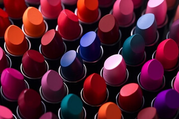 Explore the artistry of lip colors in a captivating display of diverse makeup lipstick arrangement. Ai generated - obrazy, fototapety, plakaty
