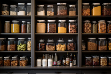 Pantry in different types of spices, cozy cottage-style home