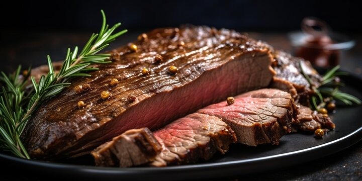Closeup view of roasted beef brisket flat steak on a plate : Generative AI