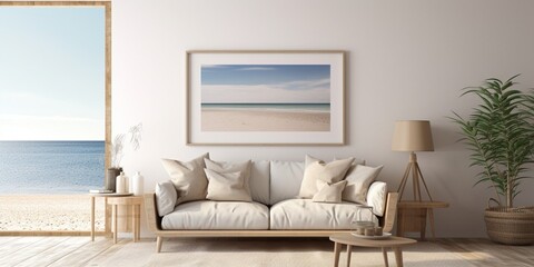 Coastal style living room interior with frame mockup : Generative AI - obrazy, fototapety, plakaty