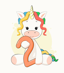 Cute Rainbow Unicorn holding number 2. Magical two year old Birthday sticker