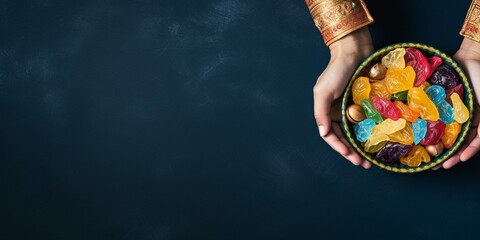 Holding bowl of candies, top view image of woman and child hand holding bowl of candies. Isolated dark blue background, copy space. Ramadan feast celebration concept idea. Greetings ba : Generative AI - Powered by Adobe