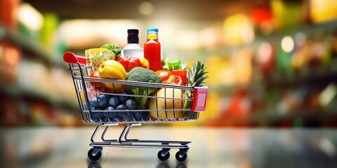 Shopping cart filled with food and drinks and supermarket shelves in the background, grocery...