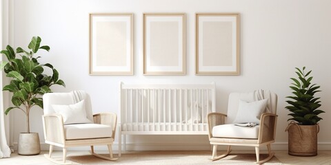Fototapeta na wymiar Chairs at table placed at wall with empty decorative frame and baby crib in light spacious room with plants in apartment : Generative AI