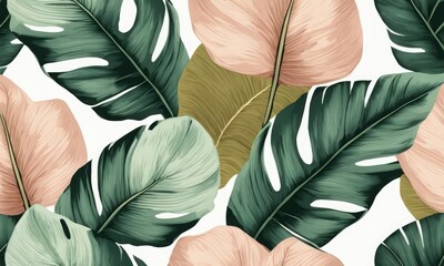 Tropical exotic luxury seamless pattern with pastel color banana leaves, palm, colocasia. Hand-drawn 3D illustration. Vintage glamorous art design. for wallpapers, cloth, fabric printing,Generative AI