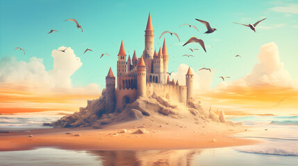 Majestic Sand Castle by the Ocean at Sunset - Perfect for Fantasy Book Covers and Dreamy Backgrounds - obrazy, fototapety, plakaty