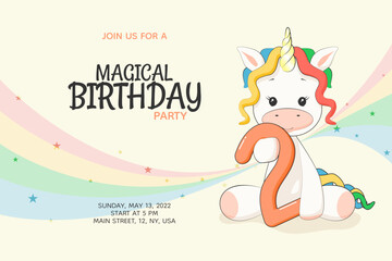 2 years old Magical kids birthday party invitation with cute rainbow unicorn