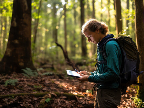 Forestry technician writing notes in forest to study renewable energy technology and sustainability - Powered by Adobe