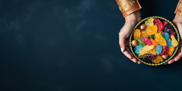 Holding bowl of candies, top view image of woman and child hand holding bowl of candies. Isolated dark blue background, copy space. Ramadan feast celebration concept idea. Greetings ba : Generative AI