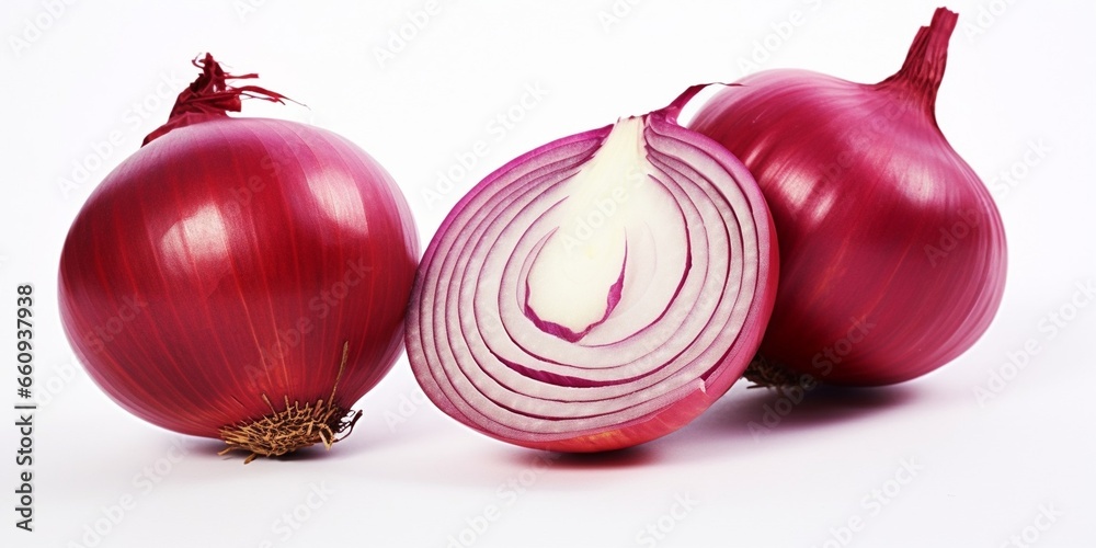 Poster red whole and sliced onion, isolated on white background : generative ai