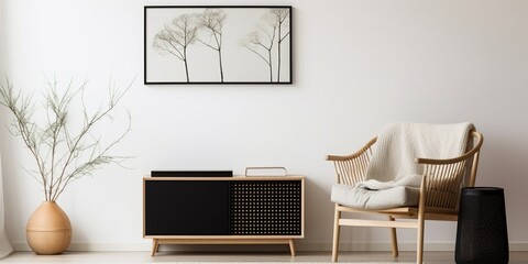 Modern scandinavian living room interior with black mock up poster frame, design commode, leaf in vase, black rattan basket, books and elegant accessories. Template. Stylish home decor : Generative AI