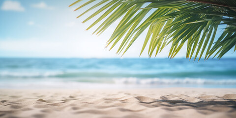 Fototapeta na wymiar Sand beach background mockup template. Palm leaf shadow sea tropical background. Vacation on summer holiday beach sand and ocean waves of exotic paradise. SPF protection background.