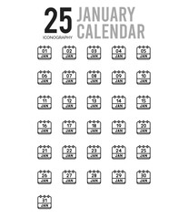25 January Calendar Outline icons Pack vector illustration.