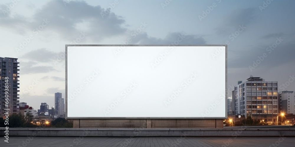Poster Mock up white background billboard on building. A large empty billboard on a city background in the middle of the sunset. : Generative AI