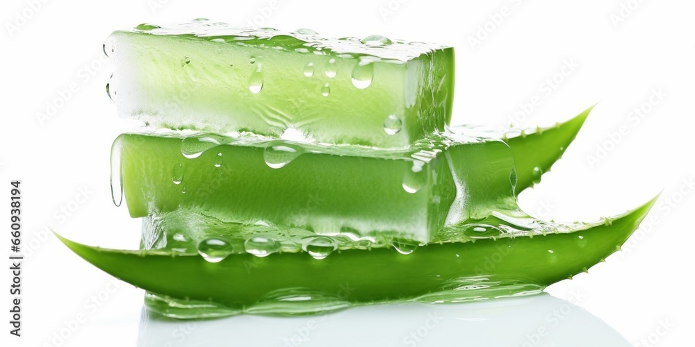 Poster Stack of Aloe vera sliced with gel dripping isolated on white background. : Generative AI