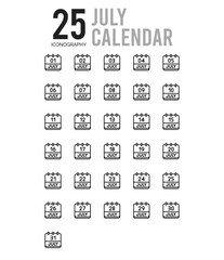 25 July Calendar Outline icons Pack vector illustration.