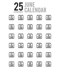 25 June Calendar Outline icons Pack vector illustration.