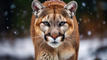 Fototapeten Cougar or Mountain lion Puma concolor walking on top of rocky mountain in the winter snow. © Ruslan Gilmanshin