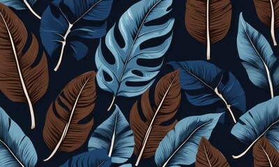 Tropical exotic seamless pattern with dark blue and brown vintage banana leaves, palm and colocasia. Hand-drawn 3D illustration. Good for production wallpapers, cloth, fabric printing, Generative AI