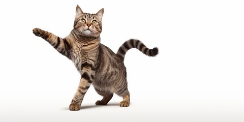Studio portrait of tabby cat standing on back two legs with paws up against a white backdrop :...