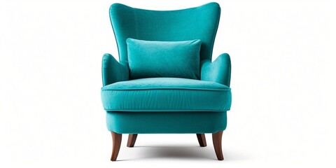 Upholstered Accent Chair Isolated on White. Modern Aqua Teal Blue Wingback Club Armchair with Pillow Upholstered Wing Armrests and Wooden Feet Side View. Interior Furniture. Turquoise  : Generative AI