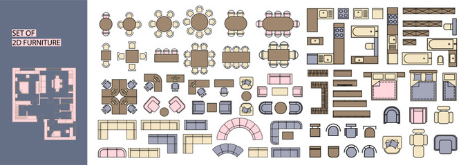 Furniture for the floor plan. Top view tables, beds, chairs, sofas, wardrobes, kitchen furniture, etc. Perfect for interior mood boards and planning sketches. Architectural.