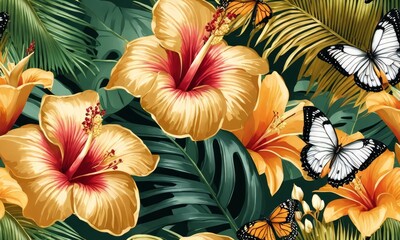 Tropical exotic golden seamless pattern. Beautiful women, hibiscus flowers bouquets, plumeria, monstera, palm, banana leaves, butterflies, jungle. Hand-drawn vintage 3D illustration. Generative AI