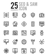 25 SEO And SAM Outline icons Pack vector illustration.
