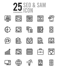 25 SEO And SAM Outline icons Pack vector illustration.