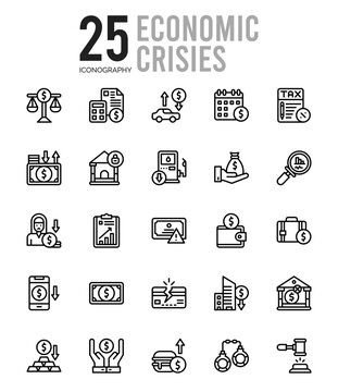 25 Economic Crisies Outline icons Pack vector illustration.
