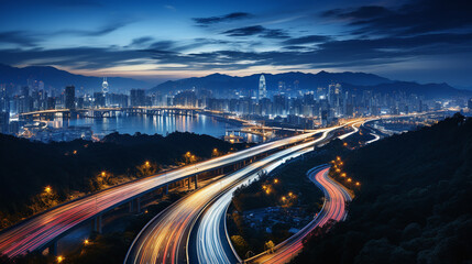 City road, long exposure night highway light of megapolis cityscape or skyline background. Aerial view of megacity with highway road lights, time-exposure photography - obrazy, fototapety, plakaty
