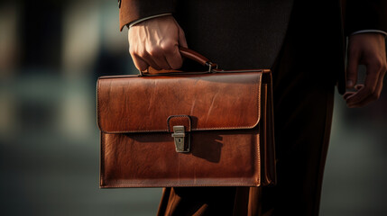 Closeup Of A Businessman Holding leather Briefcase Going To Work. - obrazy, fototapety, plakaty
