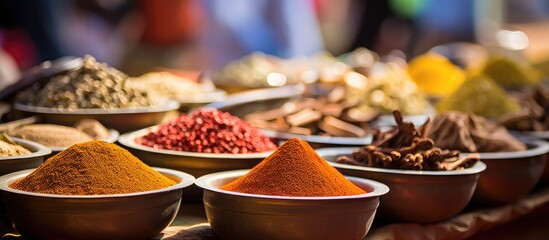 Spices from India at Anjuna flea market in Goa With copyspace for text