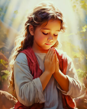 5 year old girl praying, hands folded under chin.