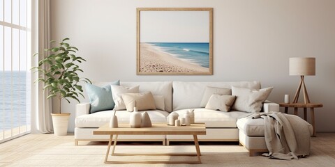 Fototapeta na wymiar Coastal style living room interior with frame mockup : Generative AI