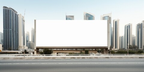 Mock up of blank vertical white advertising billboard with residential and office modern contemporary skyscrapers and empty highway behind : Generative AI